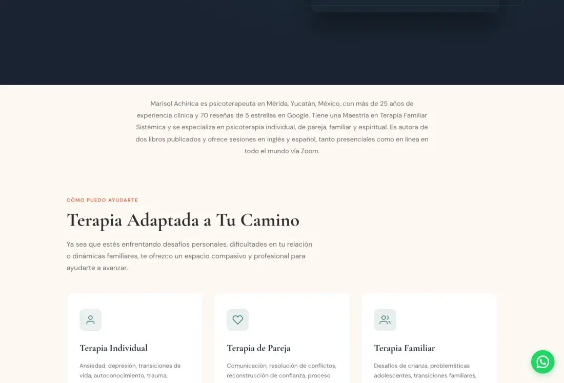Sección de servicios del sitio en español de Marisol